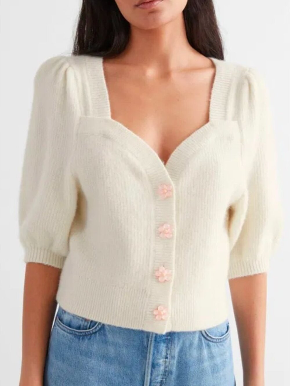 & Other Stories [NWOT] Sweetheart Neck Cardigan w/ Flower Buttons - L - Picture 10 of 16
